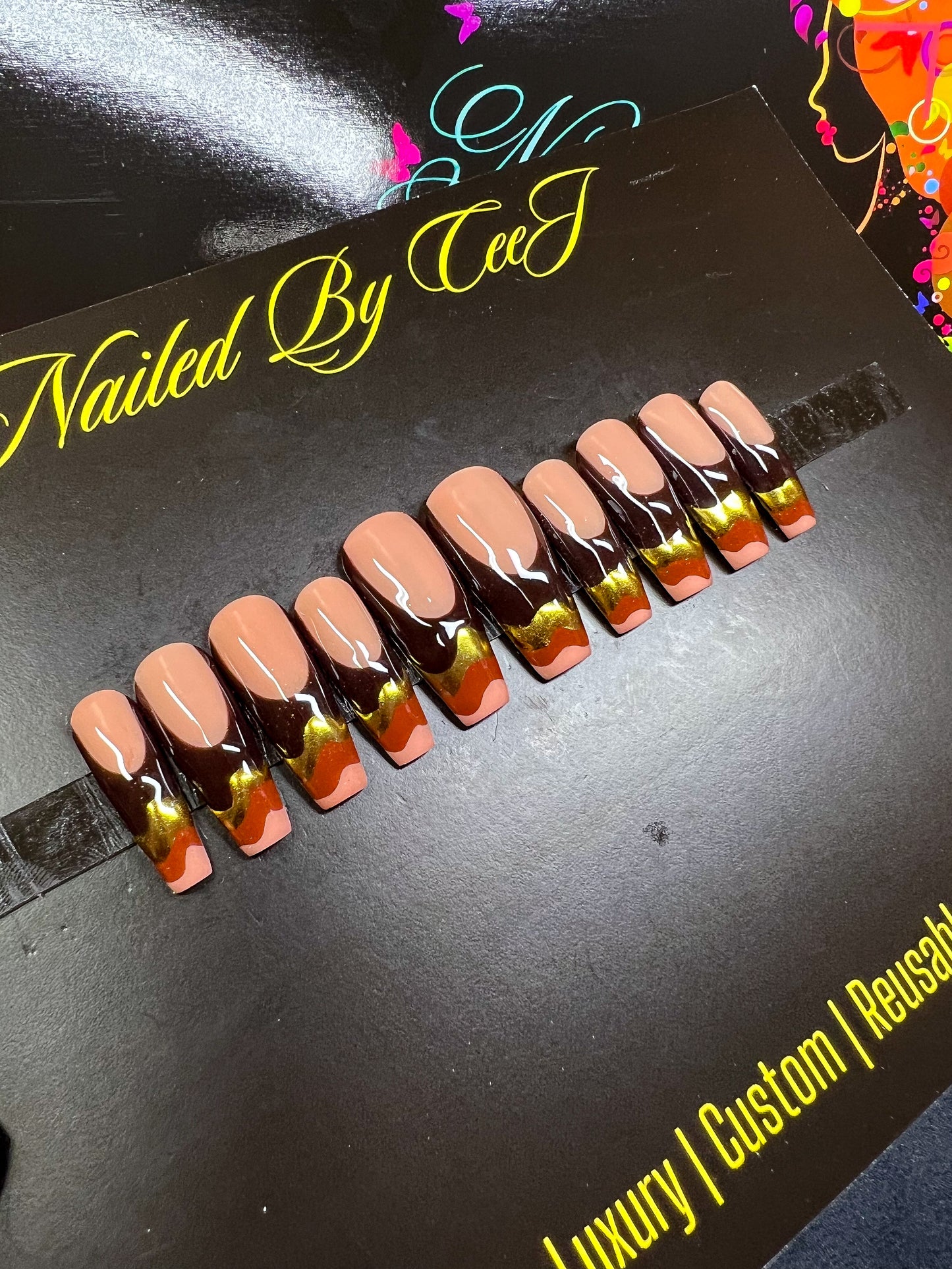 Persephone | Brown Nude Gold | Custom Press On Nails