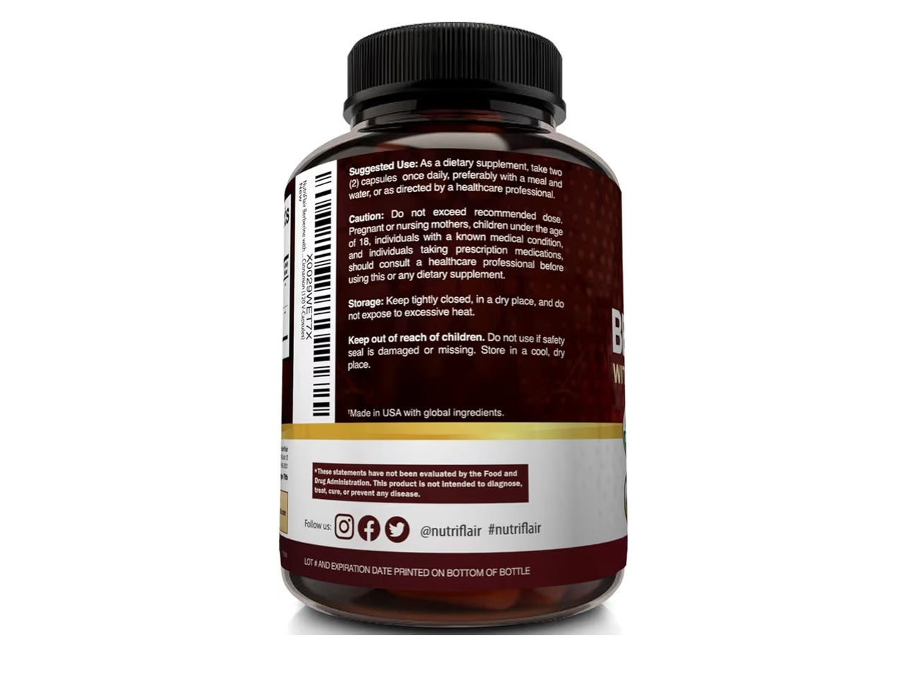NutriFlair Organic Berberine with Ceylon Cinnamon 1450mg, 120 Capsules
