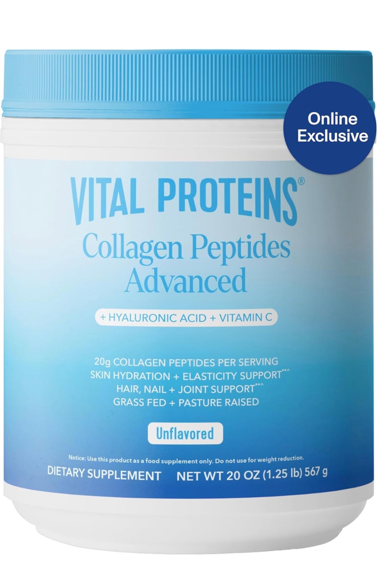 Vital Proteins Collagen Peptides Powder Advanced with Hyaluronic Acid & Vitamin C - 20 oz Collagen, Unflavored, 28 Servings