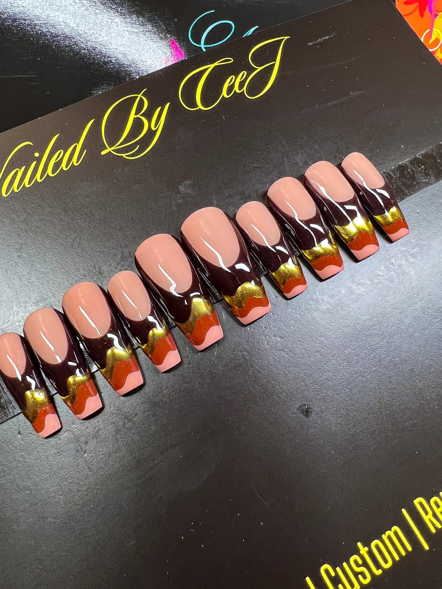 Persephone | Brown Nude Gold | Custom Press On Nails
