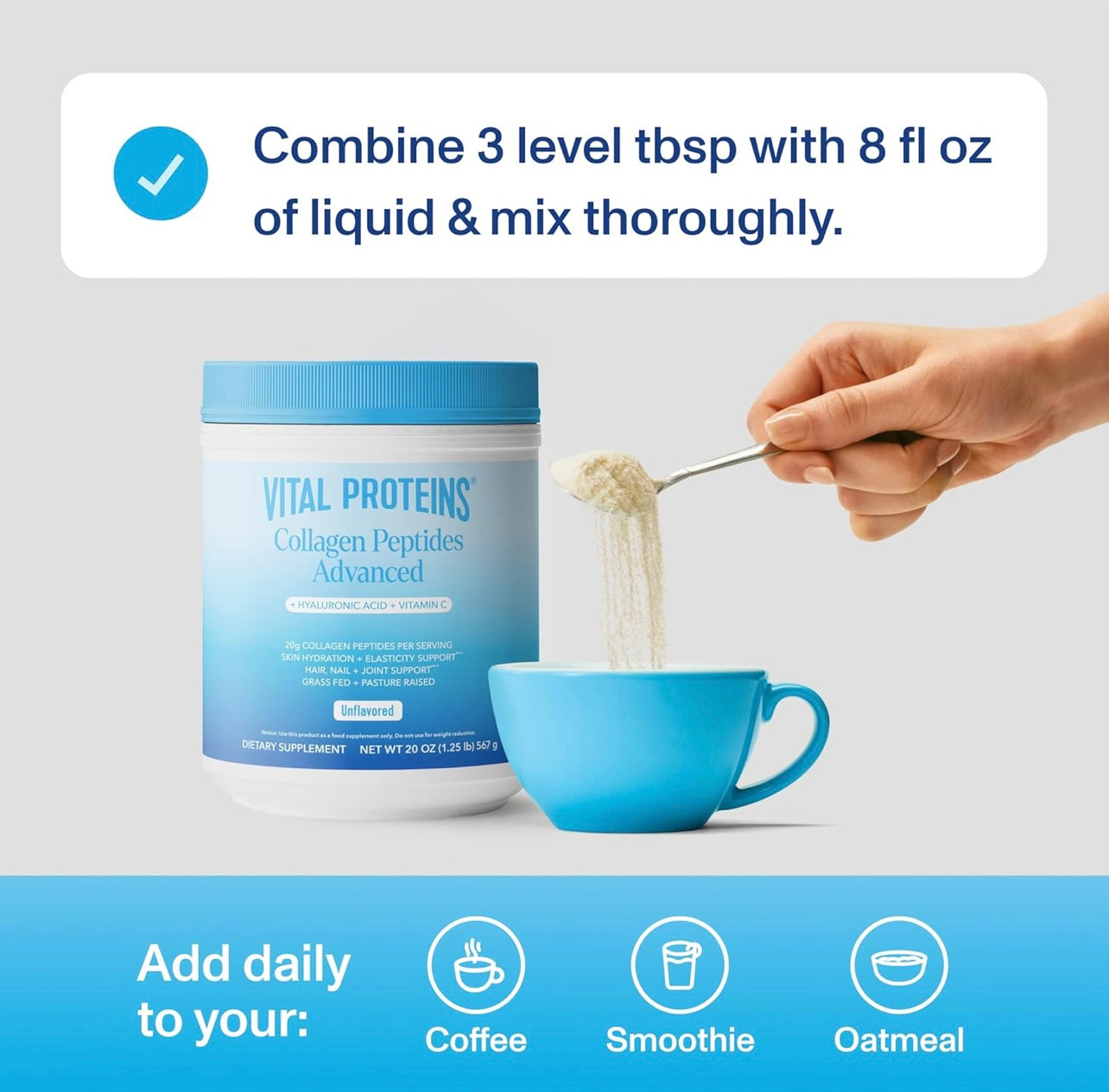 Vital Proteins Collagen Peptides Powder Advanced with Hyaluronic Acid & Vitamin C - 20 oz Collagen, Unflavored, 28 Servings