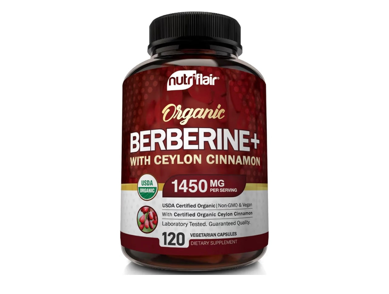 NutriFlair Organic Berberine with Ceylon Cinnamon 1450mg, 120 Capsules