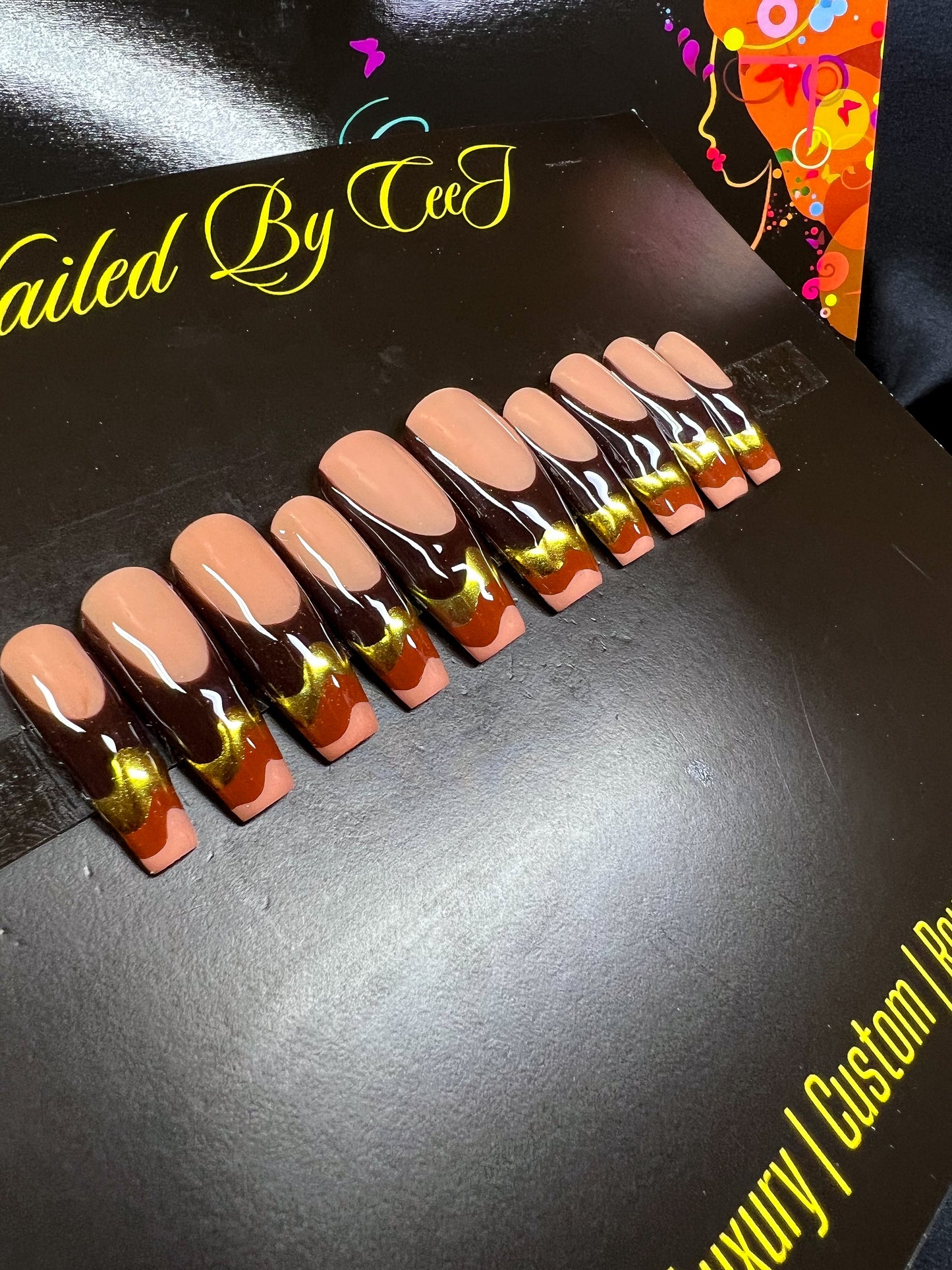 Persephone | Brown Nude Gold | Custom Press On Nails