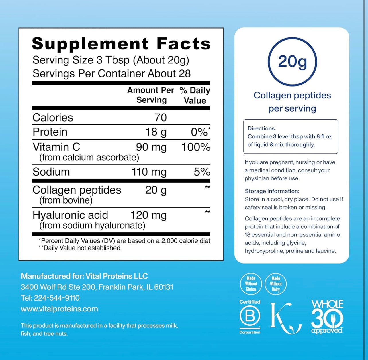 Vital Proteins Collagen Peptides Powder Advanced with Hyaluronic Acid & Vitamin C - 20 oz Collagen, Unflavored, 28 Servings