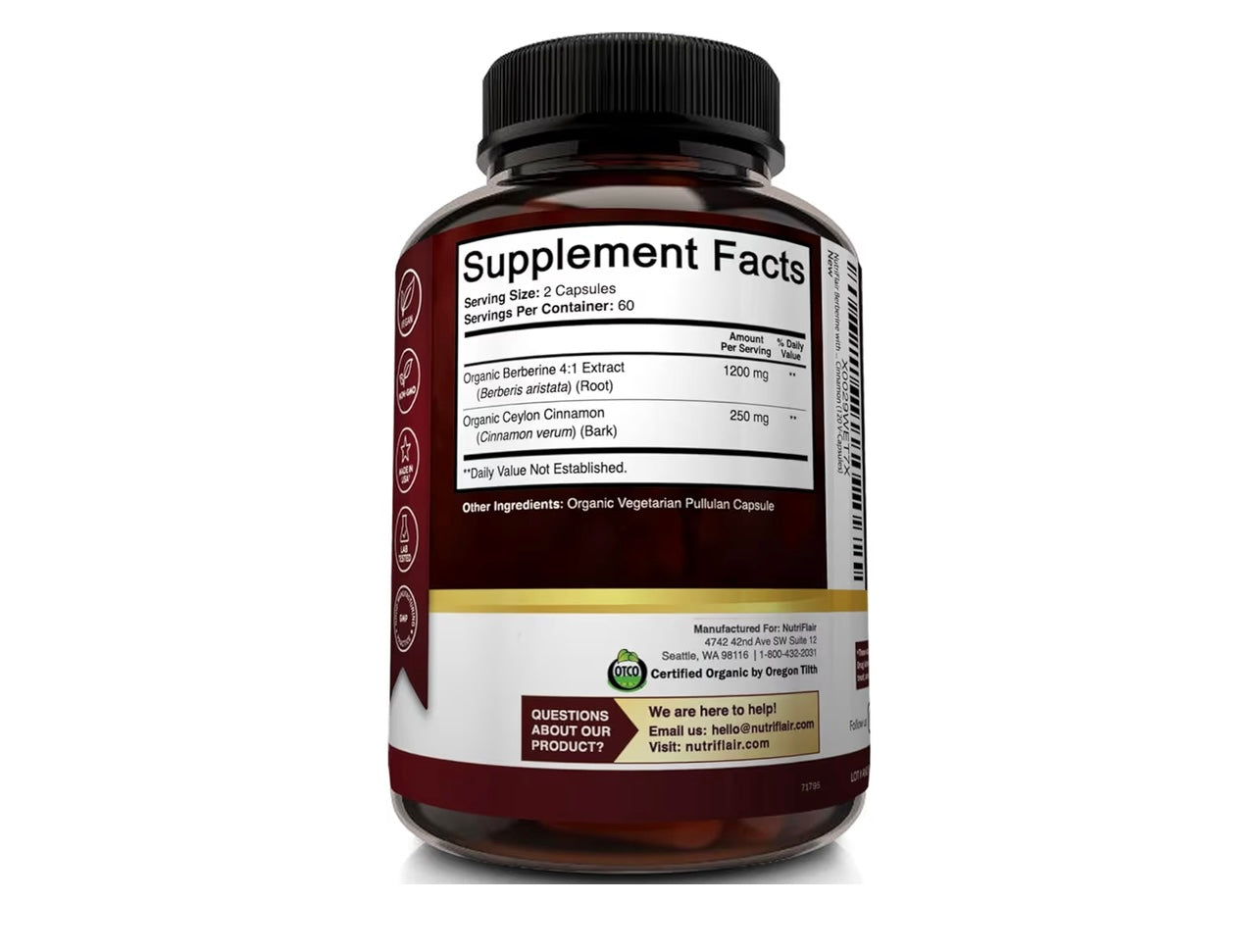 NutriFlair Organic Berberine with Ceylon Cinnamon 1450mg, 120 Capsules