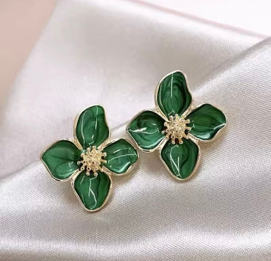 Glazed Flower Stud Earrings - Green