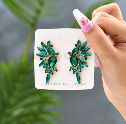 Rhinestone Wings Earrings - Green