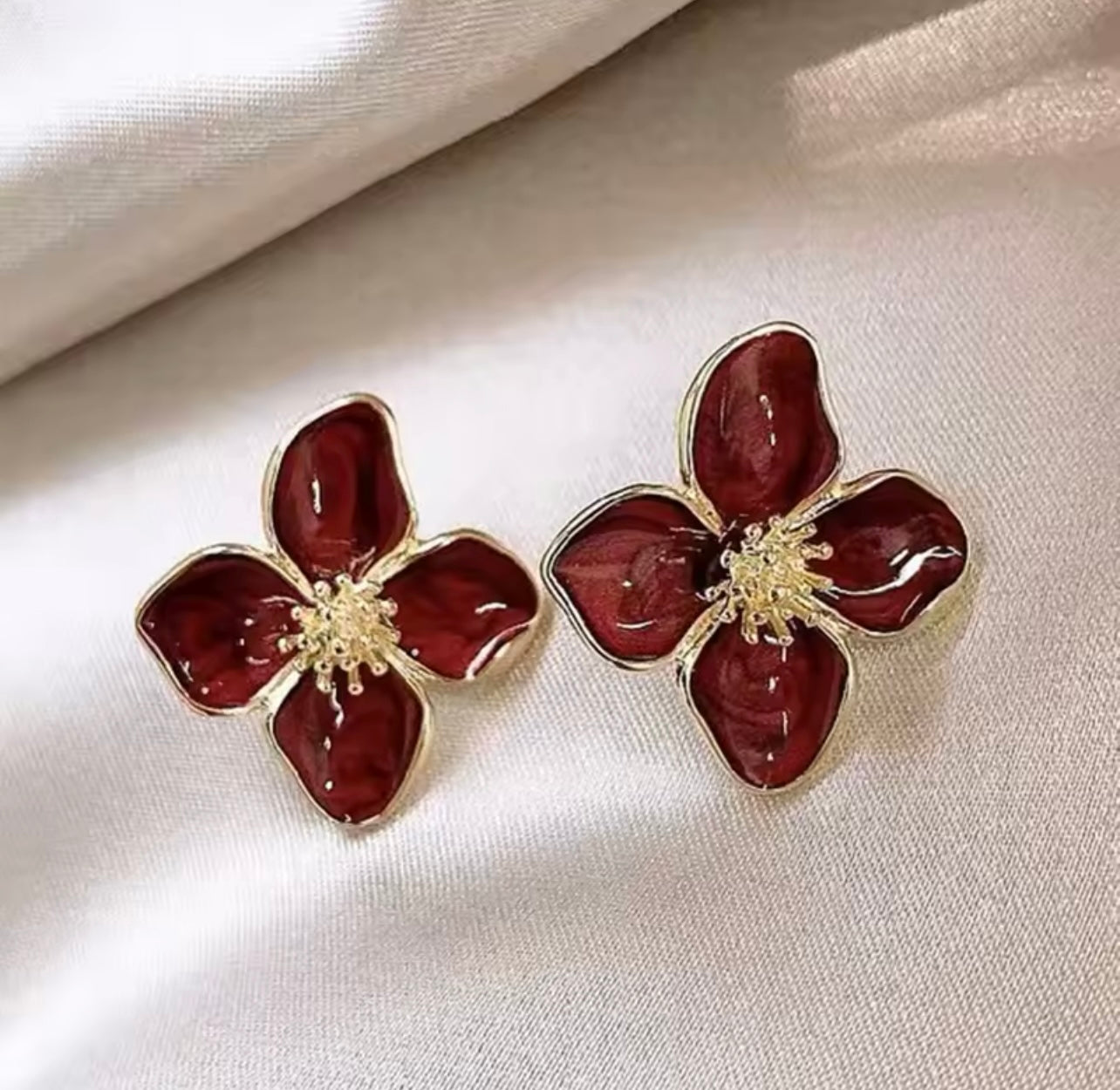 Glazed Flower Stud Earrings - Burgundy