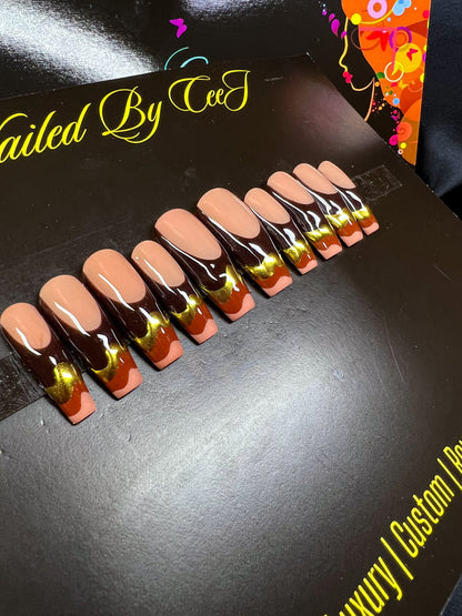 Persephone | Brown Nude Gold | Custom Press On Nails