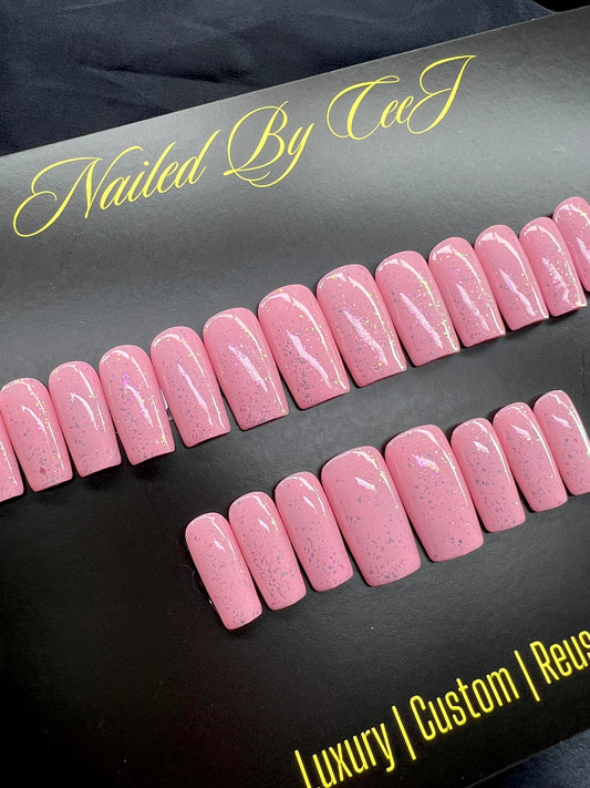 No. 62 | Pink Glitter Flakes  | Ready To Ship Press On Nails