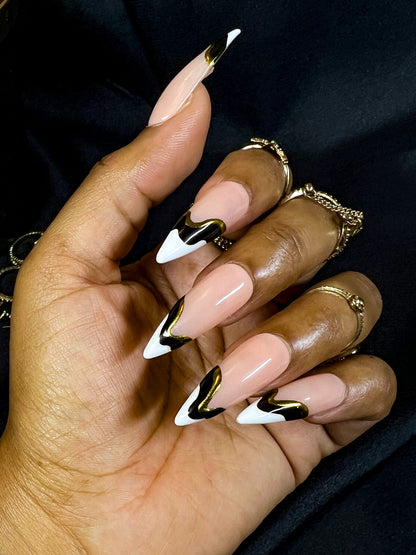 Athena | Black, White, Gold | Custom Press On Nails