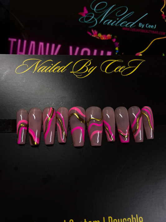 Calliope | Pink Gold Swirls | Custom Press On Nails